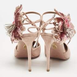 Pre Owned Aquazzura Pink Suede Disco Flower Embellished Ankle Tie Sandals Size 36.5