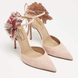 Pre Owned Aquazzura Pink Suede Disco Flower Embellished Ankle Tie Sandals Size 36.5