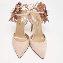 Pre Owned Aquazzura Pink Suede Disco Flower Embellished Ankle Tie Sandals Size 36.5