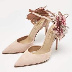 Pre Owned Aquazzura Pink Suede Disco Flower Embellished Ankle Tie Sandals Size 36.5