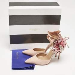 Pre Owned Aquazzura Pink Suede Disco Flower Embellished Ankle Tie Sandals Size 36.5