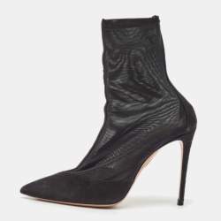 Aquazzura Black Mesh and Suede Pointed Toe Hot Stuff Ankle Booties Size 37