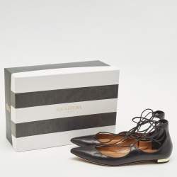 Pre Owned Aquazzura Black Leather Christy Lace Up Pointed Toe Ballet Flats Size 39