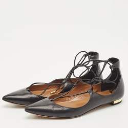 Pre Owned Aquazzura Black Leather Christy Lace Up Pointed Toe Ballet Flats Size 39