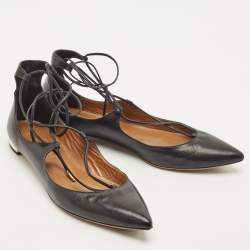 Pre Owned Aquazzura Black Leather Christy Lace Up Pointed Toe Ballet Flats Size 39