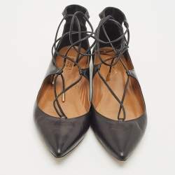 Pre Owned Aquazzura Black Leather Christy Lace Up Pointed Toe Ballet Flats Size 39