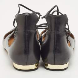 Pre Owned Aquazzura Black Leather Christy Lace Up Pointed Toe Ballet Flats Size 39