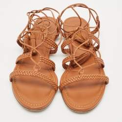 Pre Owned Aquazzura Tan Leather Braided Stromboli Flat Sandals Size 36.5