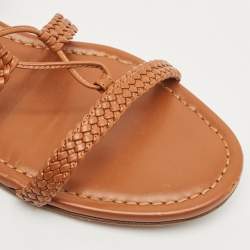 Pre Owned Aquazzura Tan Leather Braided Stromboli Flat Sandals Size 36.5