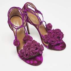 Aquazzura Exotic Pink Velvet Wild Flower Ankle Wrap Sandals Size 36.5