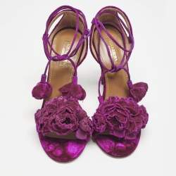 Aquazzura Exotic Pink Velvet Wild Flower Ankle Wrap Sandals Size 36.5