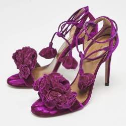 Aquazzura Exotic Pink Velvet Wild Flower Ankle Wrap Sandals Size 36.5