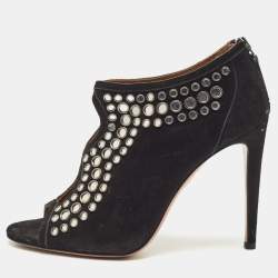 Aquazzura Black Suede Embellished Peep Toe Booties Size 37