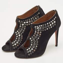 Aquazzura Black Suede Embellished Peep Toe Booties Size 37