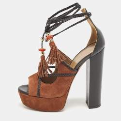Aquazzura x Poppy Delevingne Brown Leather and Suede Ankle Wrap Platform Sandals Size 37