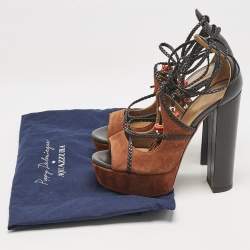 Aquazzura x Poppy Delevingne Brown Leather and Suede Ankle Wrap Platform Sandals Size 37