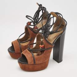 Aquazzura x Poppy Delevingne Brown Leather and Suede Ankle Wrap Platform Sandals Size 37