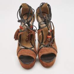 Aquazzura x Poppy Delevingne Brown Leather and Suede Ankle Wrap Platform Sandals Size 37