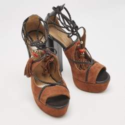 Aquazzura x Poppy Delevingne Brown Leather and Suede Ankle Wrap Platform Sandals Size 37