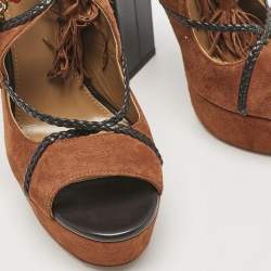 Aquazzura x Poppy Delevingne Brown Leather and Suede Ankle Wrap Platform Sandals Size 37