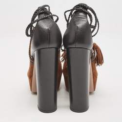 Aquazzura x Poppy Delevingne Brown Leather and Suede Ankle Wrap Platform Sandals Size 37