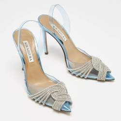 Pre Owned Aquazzura Blue PVC Crystal Embellished Gatsby Slingback Pumps Size 37