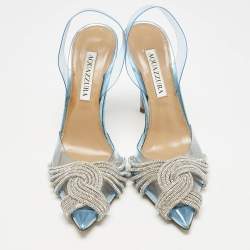 Pre Owned Aquazzura Blue PVC Crystal Embellished Gatsby Slingback Pumps Size 37