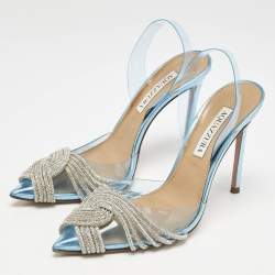 Pre Owned Aquazzura Blue PVC Crystal Embellished Gatsby Slingback Pumps Size 37