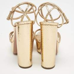 Pre Owned Aquazzura Gold Python Effect Leather Platform Ankle Strap Sandals Size 36