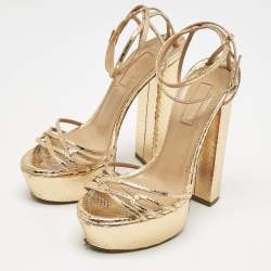 Pre Owned Aquazzura Gold Python Effect Leather Platform Ankle Strap Sandals Size 36