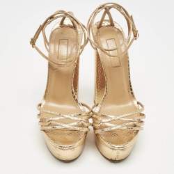Pre Owned Aquazzura Gold Python Effect Leather Platform Ankle Strap Sandals Size 36