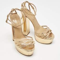 Pre Owned Aquazzura Gold Python Effect Leather Platform Ankle Strap Sandals Size 36