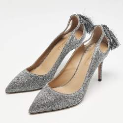 Aquazzura Silver Metallic Lurex Fabric Forever Marilyn Fringe Pumps Size 38.5