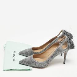 Aquazzura Silver Metallic Lurex Fabric Forever Marilyn Fringe Pumps Size 38.5