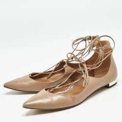 Pre Owned Aquazzura Beige Leather Christy Ankle Wrap Ballet Flats Size 40