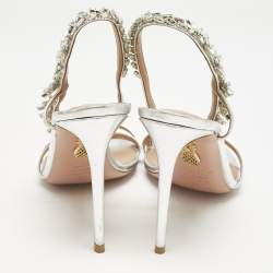 Aquazzura  Silver Leather Crystal Embellished Chateau Slingback Sandals Size 38
