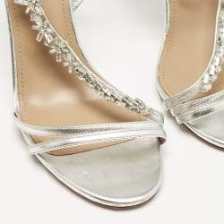 Aquazzura  Silver Leather Crystal Embellished Chateau Slingback Sandals Size 38