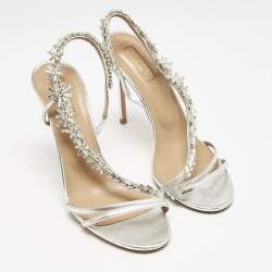 Aquazzura  Silver Leather Crystal Embellished Chateau Slingback Sandals Size 38