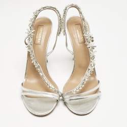 Aquazzura  Silver Leather Crystal Embellished Chateau Slingback Sandals Size 38