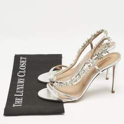 Aquazzura  Silver Leather Crystal Embellished Chateau Slingback Sandals Size 38