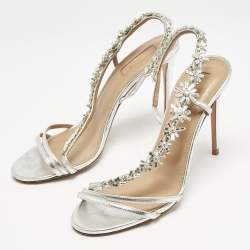 Aquazzura  Silver Leather Crystal Embellished Chateau Slingback Sandals Size 38