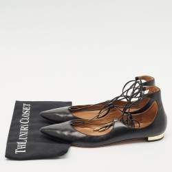 Pre Owned Aquazzura Black Leather Christy Ankle-Wrap Ballet Flats Size 40.5
