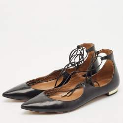 Pre Owned Aquazzura Black Leather Christy Ankle-Wrap Ballet Flats Size 40.5