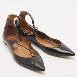 Pre Owned Aquazzura Black Leather Christy Ankle-Wrap Ballet Flats Size 40.5