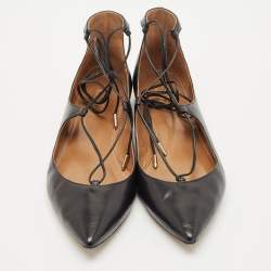 Pre Owned Aquazzura Black Leather Christy Ankle-Wrap Ballet Flats Size 40.5