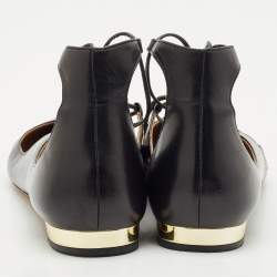 Pre Owned Aquazzura Black Leather Christy Ankle-Wrap Ballet Flats Size 40.5