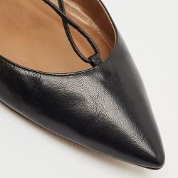 Pre Owned Aquazzura Black Leather Christy Ankle-Wrap Ballet Flats Size 40.5