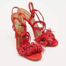 Pre Owned Aquazzura Red Suede Wild Thing Ankle Strap Sandals Size 35