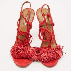 Pre Owned Aquazzura Red Suede Wild Thing Ankle Strap Sandals Size 35