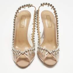 Pre Owned Aquazzura Beige Leather and PVC Temptation Slingback Sandals Size 37